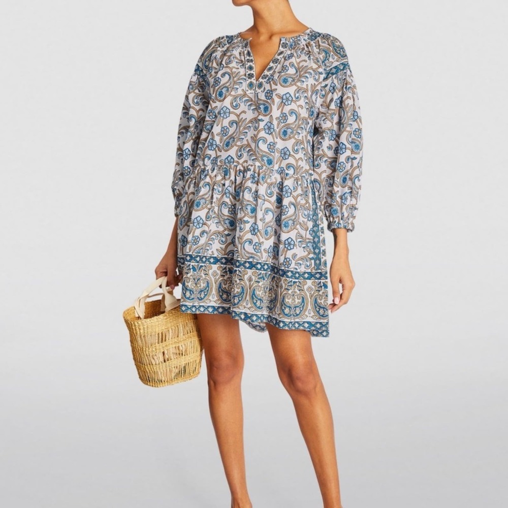 Boteh Australia Kiki Lazar Cotton Block Print  Paisley Tiered Mini Dress S $4…